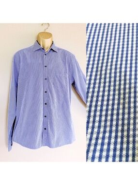 Eton Men's Super Slim Fit Blue Micro-Check Gingham Dress Shirt Sz L 41/16